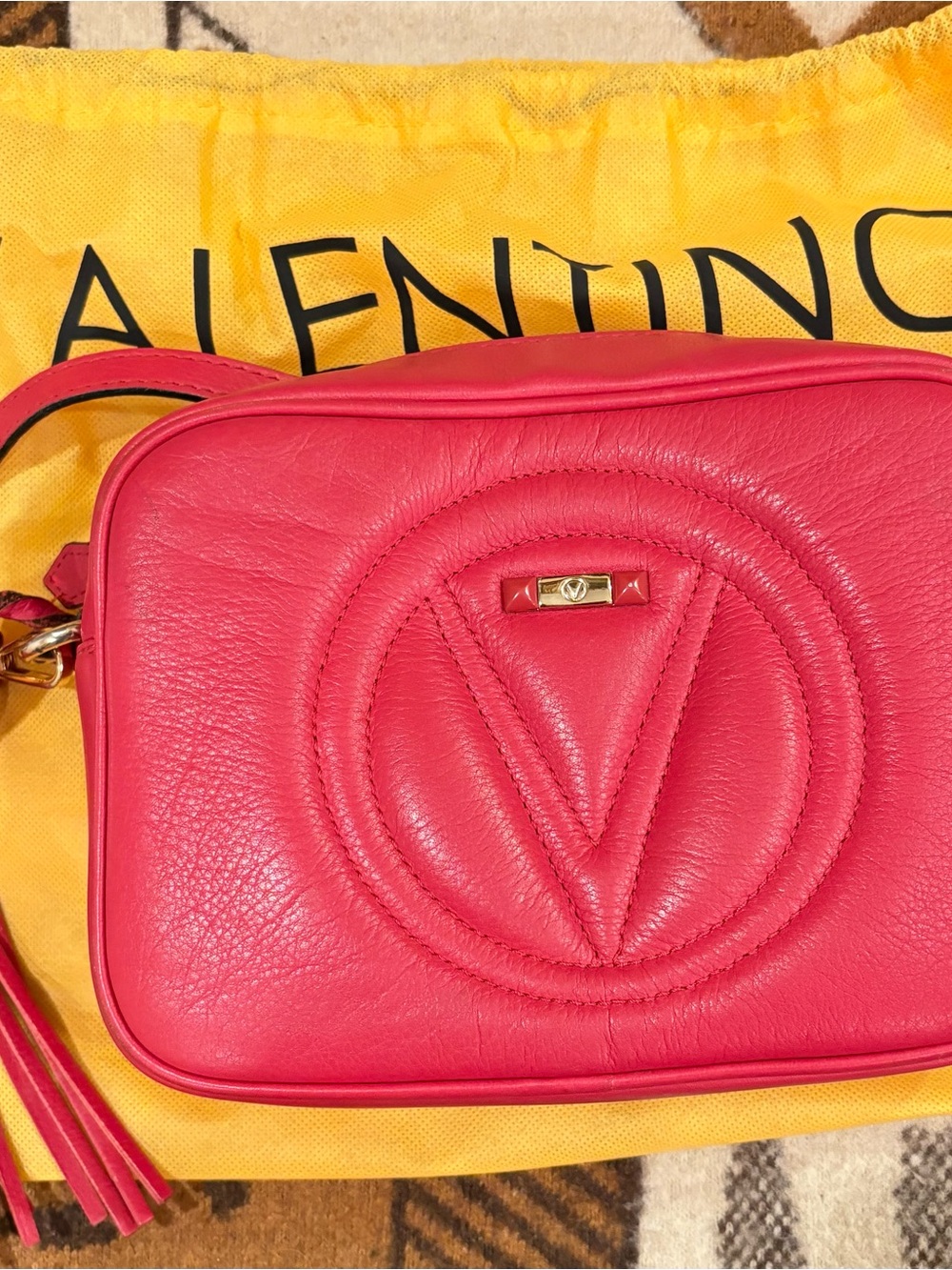 Valentino redLeather V Logo Crossbody Bag with Gold Accent
